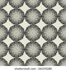 art black graphic geometric seamless pattern, square background with simple circle floral star, sun and snowflake ornament
