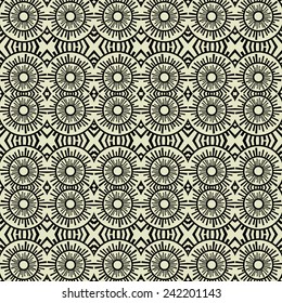 art black graphic geometric seamless pattern, square background with simple circle floral star and sun ornament