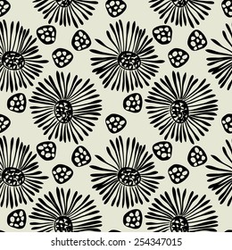 art black graphic geometric seamless pattern, square background with circle floral ornament in art deco style