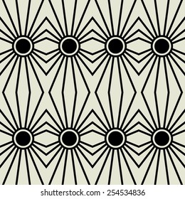 art black graphic geometric seamless pattern, square background with symbol of sun ornament in art deco style