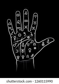 The Art of Black Magic: Chiromancy & Palmistry. Mystical chart with Ancient hieroglyphs, Medieval runes, Astrological signs and Alchemical symbols (lines, paths, ways, mounts and valleys of the palm).