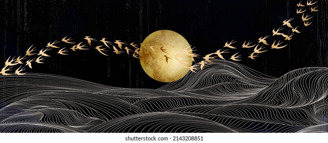 Art black and white background with line style waves, golden moon and Japanese style birds for wallpaper, interior design, decor, print