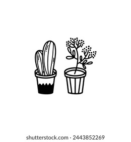 art black and white hand drawn cute flower or cactus flat element garden flora icon drawing