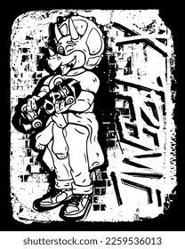 Art. Black and white illustration. Triceratops rides a skateboard. Cool dinosaur. Vector illustration. grunge. Fan t-shirt design. print. Dinosaur character design. Coloring 