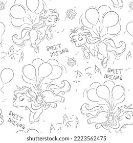 Art. Black and white unicorn pattern. Cute unicorns flying on balloons.Fashion illustration drawing in modern style