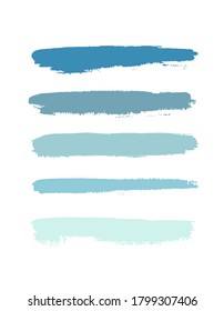 Art blue shades brush painted textured stripes set isolated vector background. Watercolor stroke set.