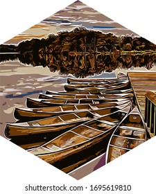 art, boats and lakes, with a hexagon shape, for screen printing