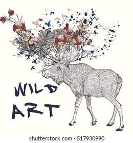 Art boho illustration with hand drawn elk, flowers in it horns, butterflies and branches. Ideal for T-shirt prints