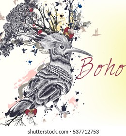 Art bo-ho illustration with hand drawn bird, flowers, butterflies and branches. Ideal for T-shirt prints