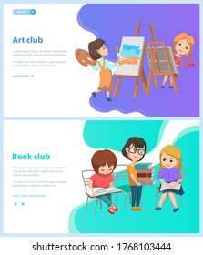 Art and book club vector, back to school concept. Pupils drawing on canvas using brushes and paints, girls reading literature and sharing thoughts. Website or webpage template, landing page flat style