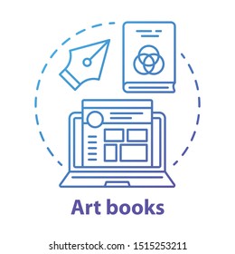 Art books blue concept icon. Graphic design literature idea thin line illustration. Writing articles, blog content creating. Social media post design.Vector isolated outline drawing