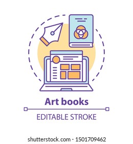 Art books concept icon. Graphic design literature idea thin line illustration. Writing articles, blog content creating. Social media post design.Vector isolated outline drawing. Editable stroke