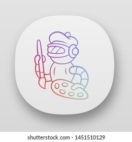 Art bot app icon. Robot, cyborg with brush and palette. Virtual assistance. Artificial intelligence, AI. Cybernetics. UI/UX user interface. Web or mobile applications. Vector isolated illustrations