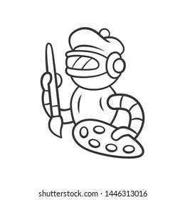 Art bot linear icon. Robot, cyborg with brush and palette. Virtual assistance. Artificial intelligence, AI. Thin line illustration. Contour symbol. Vector isolated outline drawing. Editable stroke