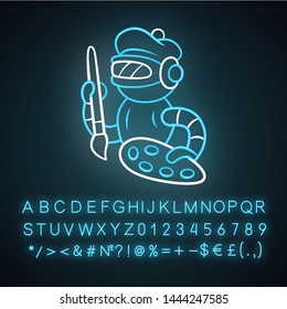 Art bot neon light icon. Robot, cyborg with brush and palette. Virtual assistance. Artificial intelligence, AI. Glowing sign with alphabet, numbers and symbols. Vector isolated illustration