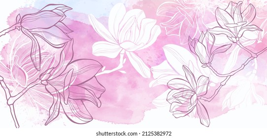 Vector de fondo botánico de arte. Diseño de lujo con flores de magnolia y salpicaduras de acuarela. Diseño de plantilla para texto, embalaje e impresión.