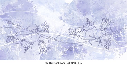 Art botanical background vector. Luxury design with bluebells  and lilac watercolor splash. Template design for text, packaging and prints.