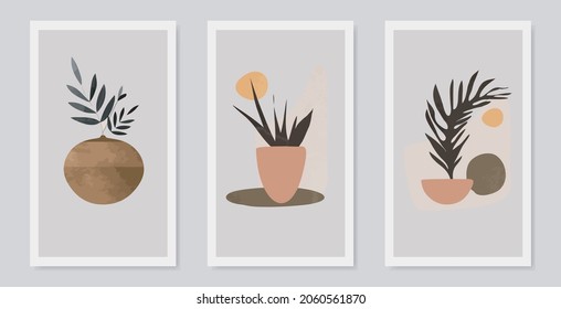 Art of botanical wall hangings. Art drawing foliage lines with abstract shapes. Plant Art Abstract Design for print, cover, wallpaper, minimal wall art and natural. Vector illustration