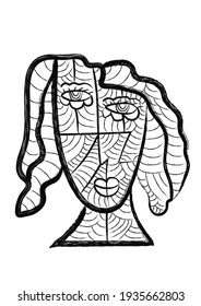 art brush cubism face. hand drawn abstract face drawing for wall art