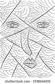 art brush hatching cubism face. hand drawn abstract face drawing for wall art