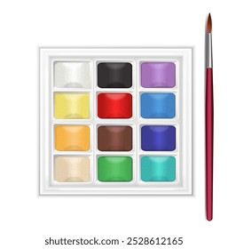 Art brush for painting. Watercolor paints. Brush for watercolor, acrylic, gouache paints. Vector. Close-up. White background. Palette of paints. 