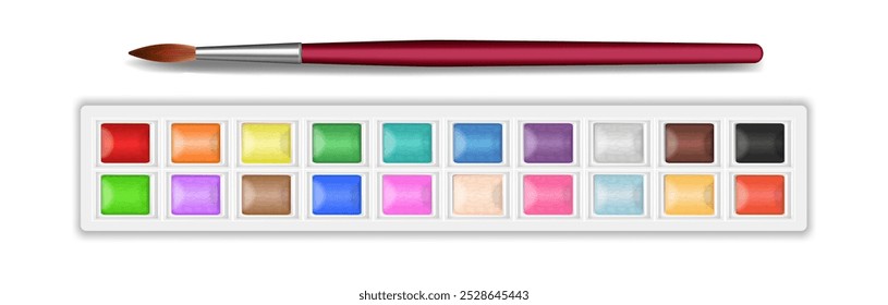 Art brush for painting. Watercolor paints. Brush for watercolor, acrylic, gouache paints. Vector. Close-up. White background. Palette of paints.