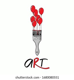Art brush with paints, drawn red balloons. It can be used as a print on clothes, design element, design of various printing, logo.