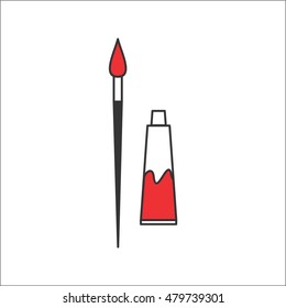 art brush and red watercolor tube
