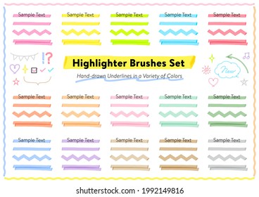 Art brush set for underlines drawn with highlighters in various colors. Set of art brushes in various colors drawn with highlighters. Each color line is registered as an art brush.