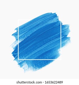 Art brush stroke paint abstract shape background over square frame - Vector. Creative blue design logo artwork.