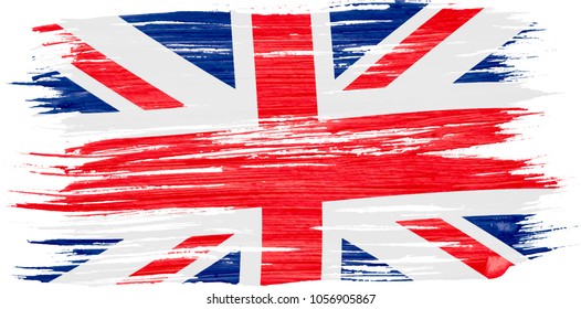 Art brush watercolor painting of UK flag blown in the wind isolated on white background.