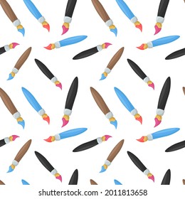 Art Brushes Icon Emoji Pattern. Tool Paint Seamless Background Symbols. Doodle Emoticon Illustration Design Vector.