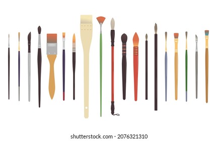 Kunstpinsel zum Malen. Verschiedene Arten von Pinseln zum Malen. Farbige Pinsel in Reihe auf weißem, isoliertem Hintergrund. Vektorgrafik auf weißem Hintergrund.