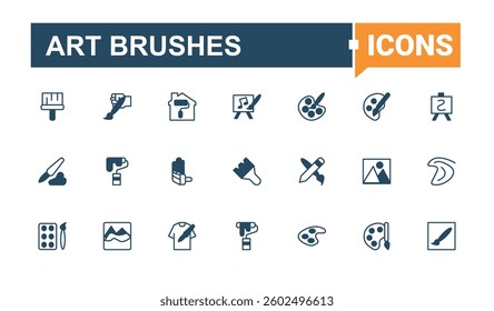 Art Brushes simple icon. Included bucket, brush, repair, drawing, colours, art, watercolor and more. Paint Brushes simple icon. Thin outline icons pack. Vector illustration in modern line style.
