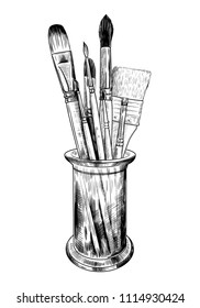 Art brushes in a vase. Vector drawing of various brushes in a glass vase. Hand-drawn illustration of art materials in vintage style. Sketch.