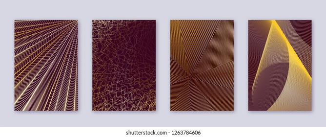 Art business card. Abstract lines modern brochure template. Gold vibrant gradients geometry on bordo background. Dazzling cover, brochure, poster, book etc.