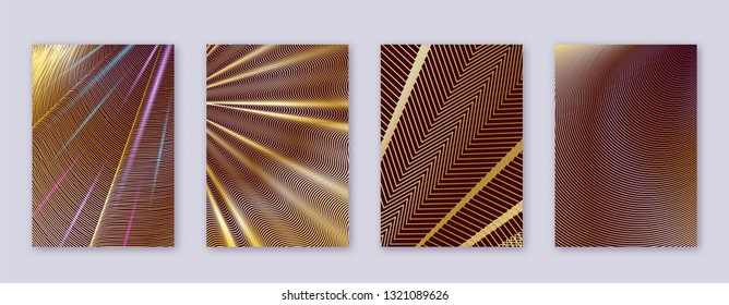 Art business card. Abstract lines modern brochure template. Gold vibrant gradients geometry on bordo background. Divine cover, brochure, poster, book etc.