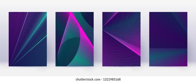 Art business card. Abstract lines modern brochure template. Neon vibrant gradients geometry on dark blue background. Powerful cover, brochure, poster, book etc.