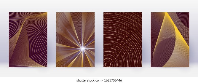 Art business card. Abstract lines modern brochure template. Gold vibrant gradients geometry on bordo background. Exquisite cover, brochure, poster, book etc.