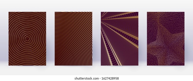 Art business card. Abstract lines modern brochure template. Gold vibrant gradients geometry on bordo background. Extraordinary cover, brochure, poster, book etc.