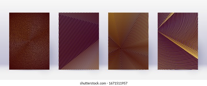 Art business card. Abstract lines modern brochure template. Gold vibrant gradients geometry on bordo background. Extra cover, brochure, poster, book etc.