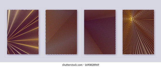 Art business card. Abstract lines modern brochure template. Gold vibrant gradients geometry on bordo background. Cute cover, brochure, poster, book etc.