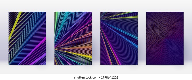 Art business card. Abstract lines modern brochure template. Rainbow vibrant gradients geometry on dark blue background. Bewitching cover, brochure, poster, book etc.
