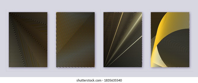 Art business card. Abstract lines modern brochure template. Gold vibrant gradients geometry on black background. Alive cover, brochure, poster, book etc.