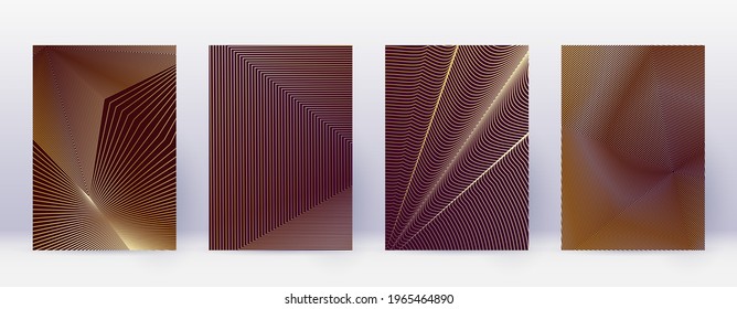 Art business card. Abstract lines modern brochure template. Gold vibrant gradients geometry on bordo background. Exceptional cover, brochure, poster, book etc.