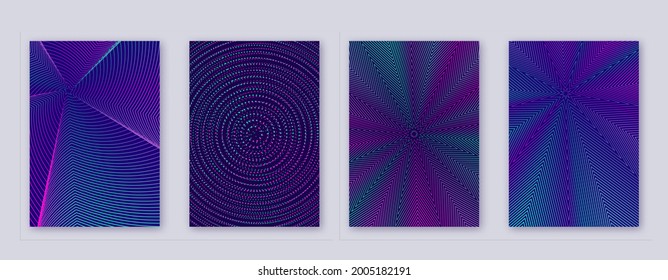Art business card. Abstract lines modern brochure template. Neon vibrant gradients geometry on dark blue background. Memorable cover, brochure, poster, book etc.