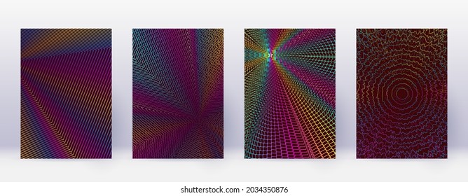 Art business card. Abstract lines modern brochure template. Rainbow vibrant gradients geometry on wine red background. Exotic cover, brochure, poster, book etc.