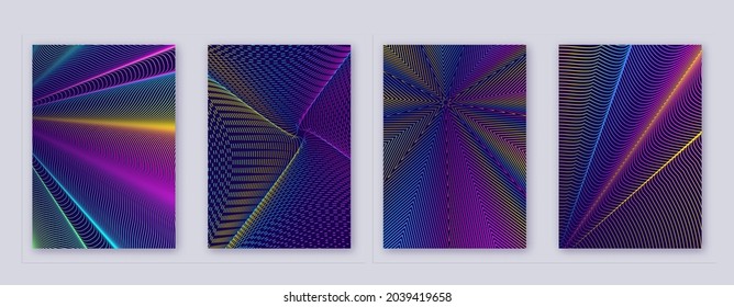 Art business card. Abstract lines modern brochure template. Rainbow vibrant gradients geometry on dark blue background. Amazing cover, brochure, poster, book etc.