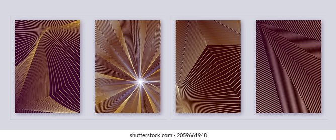 Art business card. Abstract lines modern brochure template. Gold vibrant gradients geometry on bordo background. Comely cover, brochure, poster, book etc.