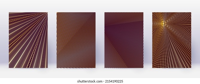 Art business card. Abstract lines modern brochure template. Gold vibrant gradients geometry on bordo background. Fair cover, brochure, poster, book etc.